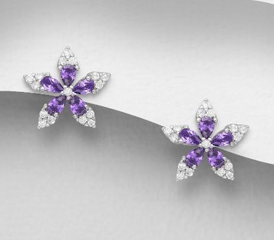 925 Sterling Silver Flower Push-Back Earrings, Decorated with CZ Simulated Diamonds