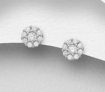 925 Sterling Silver Circle Push-Back Earrings, Decorated with CZ Simulated Diamonds