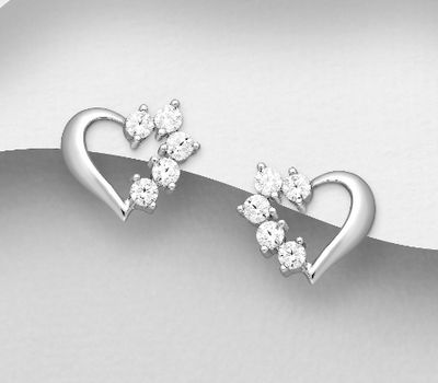 925 Sterling Silver Heart Push-Back Earrings, Decorated with CZ Simulated Diamonds