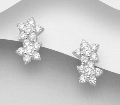 925 Sterling Silver Flower Push-Back Earrings, Decorated with CZ Simulated Diamonds