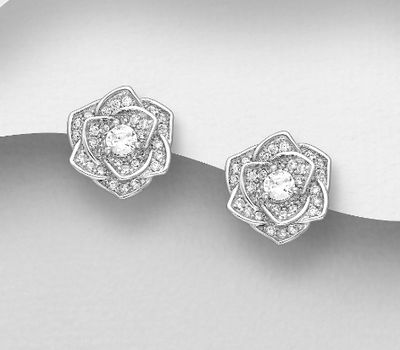 925 Sterling Silver Flower Push-Back Earrings, Decorated with CZ Simulated Diamonds