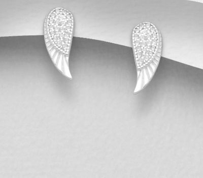 925 Sterling Silver Wings Push-Back Earrings Decorated with CZ Simulated Diamonds