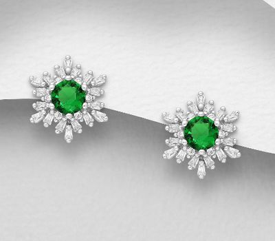 925 Sterling Silver Push-Back Earrings, Decorated with CZ Simulated Diamonds