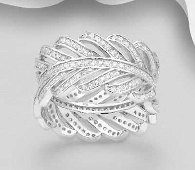 925 Sterling Silver Leaf Band Ring, Decorated with CZ Simulated Diamonds, 12 mm Wide.