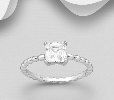 925 Sterling Silver Square Ring, Decorated with CZ Simulated Diamond