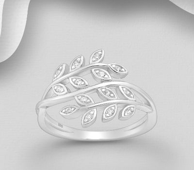 925 Sterling Silver Leaf Ring, Decorated with CZ Simulated Diamonds