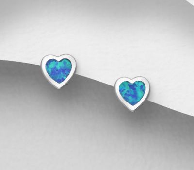 925 Sterling Silver Heart Push-Back Earrings Decorated With Lab-Created Opal