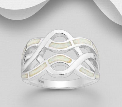 925 Sterling Silver Wavy Ring, Decorated with Lab-Created Opal