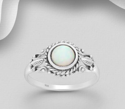 925 Sterling Silver Leaf Ring, Decorated With Lab-Created Opal