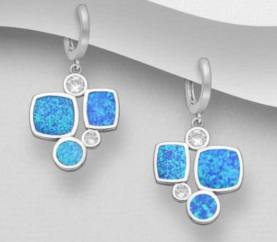 925 Sterling Silver Geometric Omega Lock Earrings Featuring Circle, Rectangle and Square. Decorated with CZ Simulated Diamonds and Lab-Created Opal