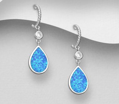 925 Sterling Silver Droplet Push-Back Earrings, Decorated with CZ Simulated Diamonds and Lab-Created Opal