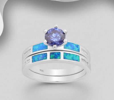 925 Sterling Silver Ring Decorated With CZ and Lab-Created Opal