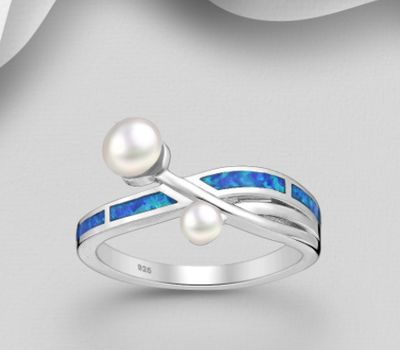 925 Sterling Silver Ring, Decorated with Freshwater Pearls and Lab-Created Opal