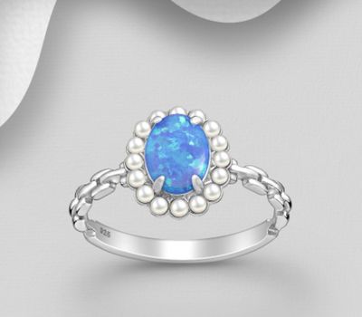 925 Sterling Silver Oval Ring, Decorated with Lab-Created Opal and Simulated Pearl