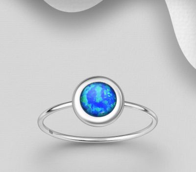 925 Sterling Silver Ring, Decorated with Lab-Created Opal
