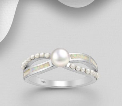 925 Sterling Silver Ring, Decorated with Freshwater Pearl, Simulated Pearls and Lab-Created Opal