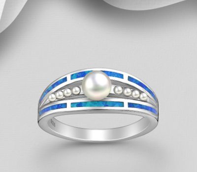 925 Sterling Silver Ring, Decorated with Freshwater Pearl, Lab-Created Opal and Simulated Pearls