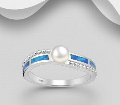 925 Sterling Silver Ring, Decorated with Freshwater Pearl and Lab-Created Opal