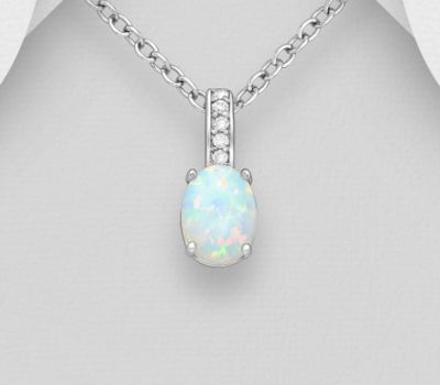 925 Sterling Silver Pendant Decorated With CZ and Lab-Created Opal