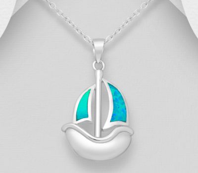 925 Sterling Silver Sailboat Pendant Decorated With Lab-Created Opal