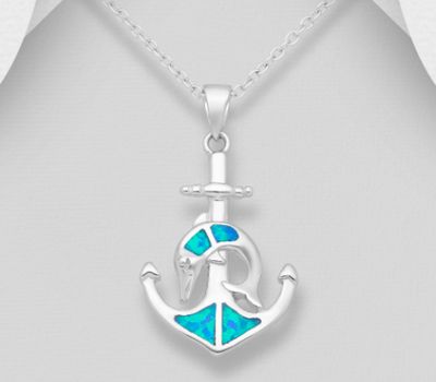 925 Sterling Silver Anchor and Dolphin Pendant Decorated With Lab-Created Opal