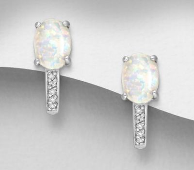 925 Sterling Silver Earrings Decorated With CZ and Lab-Created Opal
