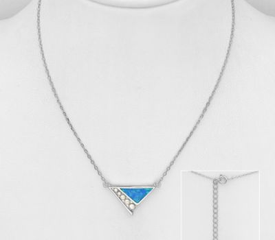925 Sterling Silver Triangular Necklace, Decorated with Lab-Created Opal and Simulated Pearls
