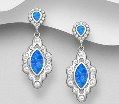 925 Sterling Silver Marquise Push-Back Earrings, Decorated with Lab-Created Opal and Simulated Pearls