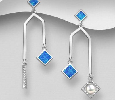 925 Sterling Silver Rhombus Push-Back Earrings, Decorated with Freshwater Pearl and Lab-Created Opal