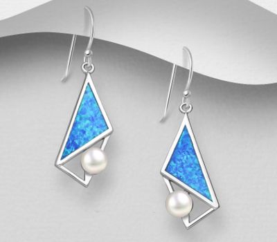 925 Sterling Silver Geometric Hook Earrings, Decorated with Freshwater Pearls and Lab-Created Opal