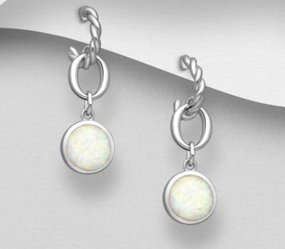 925 Sterling Silver Push-Back Earrings, Decorated with Lab-Created Opal
