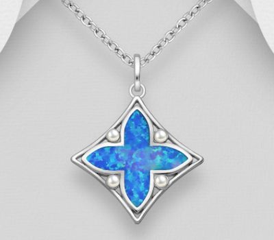 925 Sterling Silver Rhombus Pendant Featuring Cross, Decorated with Lab-Created Opal and Simulated Pearls
