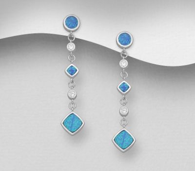 925 Sterling Silver Push-Back Earrings, Featuring Circle and Rhombus Design, Decorated with CZ Simulated Diamonds and Lab-Created Opal