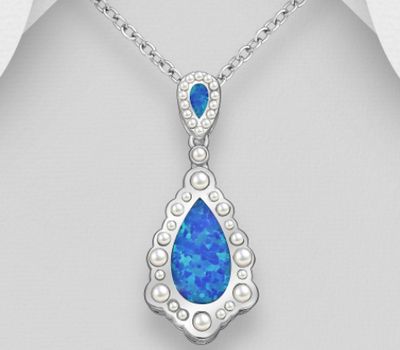 925 Sterling Silver Droplet Pendant, Decorated with Lab-Created Opal and Simulated Pearls