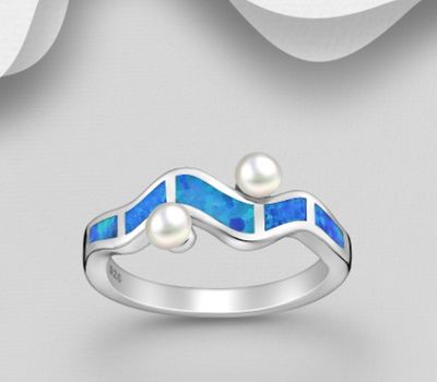 925 Sterling Silver Wavy Ring, Decorated with Freshwater Pearls and Lab-Created Opal