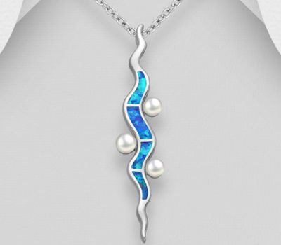925 Sterling Silver Vertical Wavy Pendant, Decorated with Freshwater Pearls and Lab-Created Opal