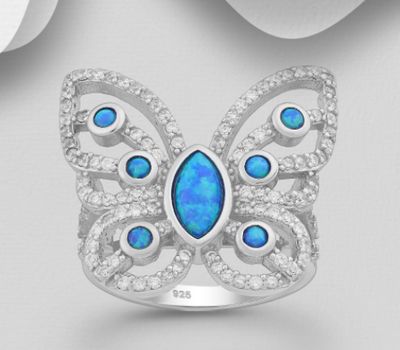 925 Sterling Silver Butterfly Ring Decorated With Lab-Created Opal And CZ