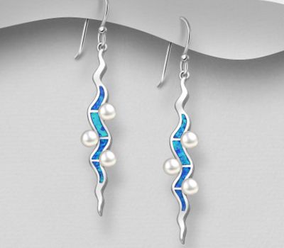 925 Sterling Silver Vertical Wavy Hook Earrings, Decorated with Freshwater Pearls and Lab-Created Opal