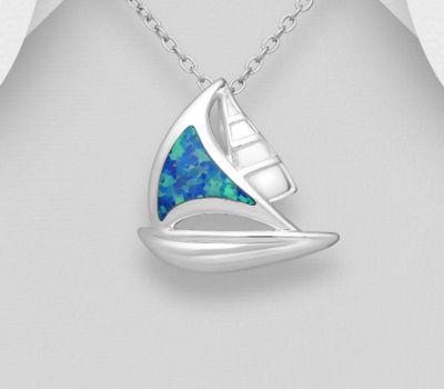 925 Sterling Silver Sailboat Pendant Decorated With Lab-Created Opal