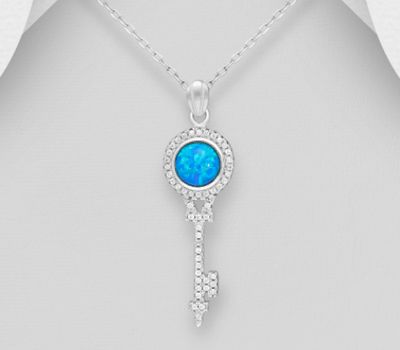 925 Sterling Silver Key Pendant Decorated With CZ and Lab-Created Opal