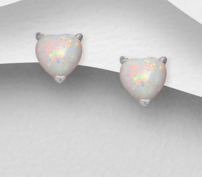 925 Sterling Silver Heart Push-Back Earrings, Decorated with Lab-Created Opal