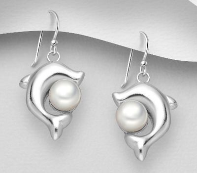 925 Sterling Silver Dolphin Push-Back Earrings, Decorated with Freshwater Pearls