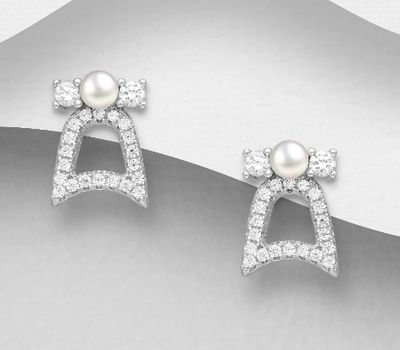 925 Sterling Silver Bell Push-Back Earrings, Decorated with CZ Simulated Diamonds and Freshwater Pearls