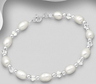 925 Sterling Silver Bracelet Decorated Fresh Waters Pearl And Crystal Glass