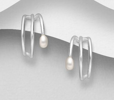 925 Sterling Silver Push-Back Earrings, Decorated with Freshwater Pearls