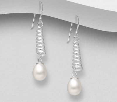 925 Sterling Silver Spiral Hook Earrings, Decorated with Freshwater Pearls