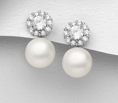 925 Sterling Silver Push-Back Earrings, Decorated with Freshwater Pearl and CZ Simulated Diamonds