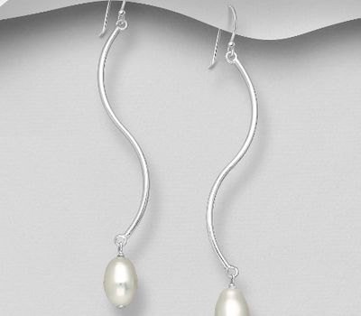 925 Sterling Silver Wavy Hook Earrings, Beaded with Freshwater Pearls