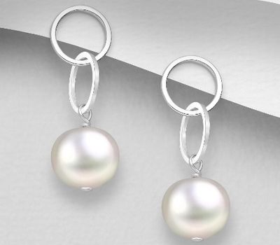 925 Sterling Silver Links Push-Back Earrings, Beaded with Freshwater Pearls