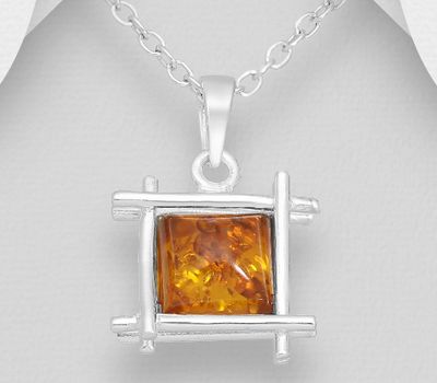 925 Sterling Silver Square Pendant, Decorated with Baltic Amber